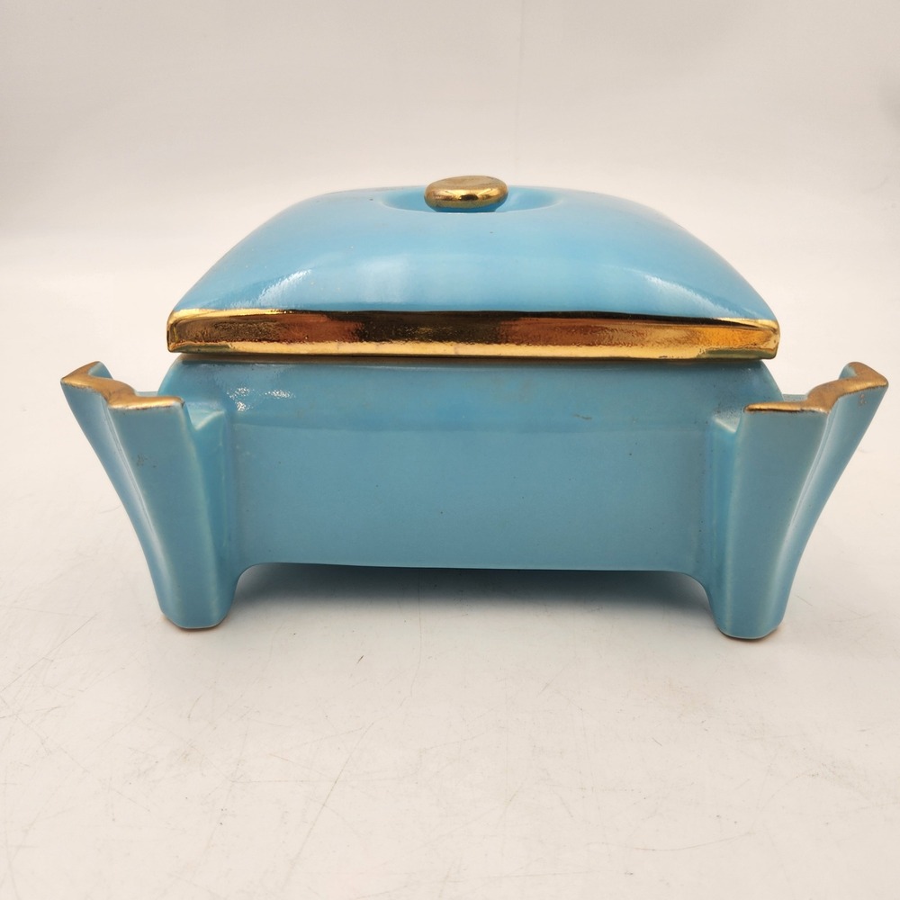 Keystone China Vintage Turquoise Blue 22KT Gold Trim Lidded Trinket Box MCM